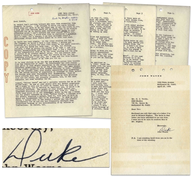 John Wayne 1954 Letter Signed to RKO Studios Signed Duke -- Wayne Includes 4pp. Carbon of His Letter to Howard Hughes, Where He Excoriates the Management of RKO